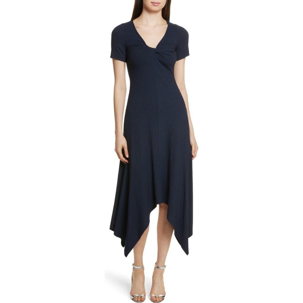 A.L.C.Revolve Reva Twist-Front Short-Sleeve Rib-Knit Asymmetrical Navy Small